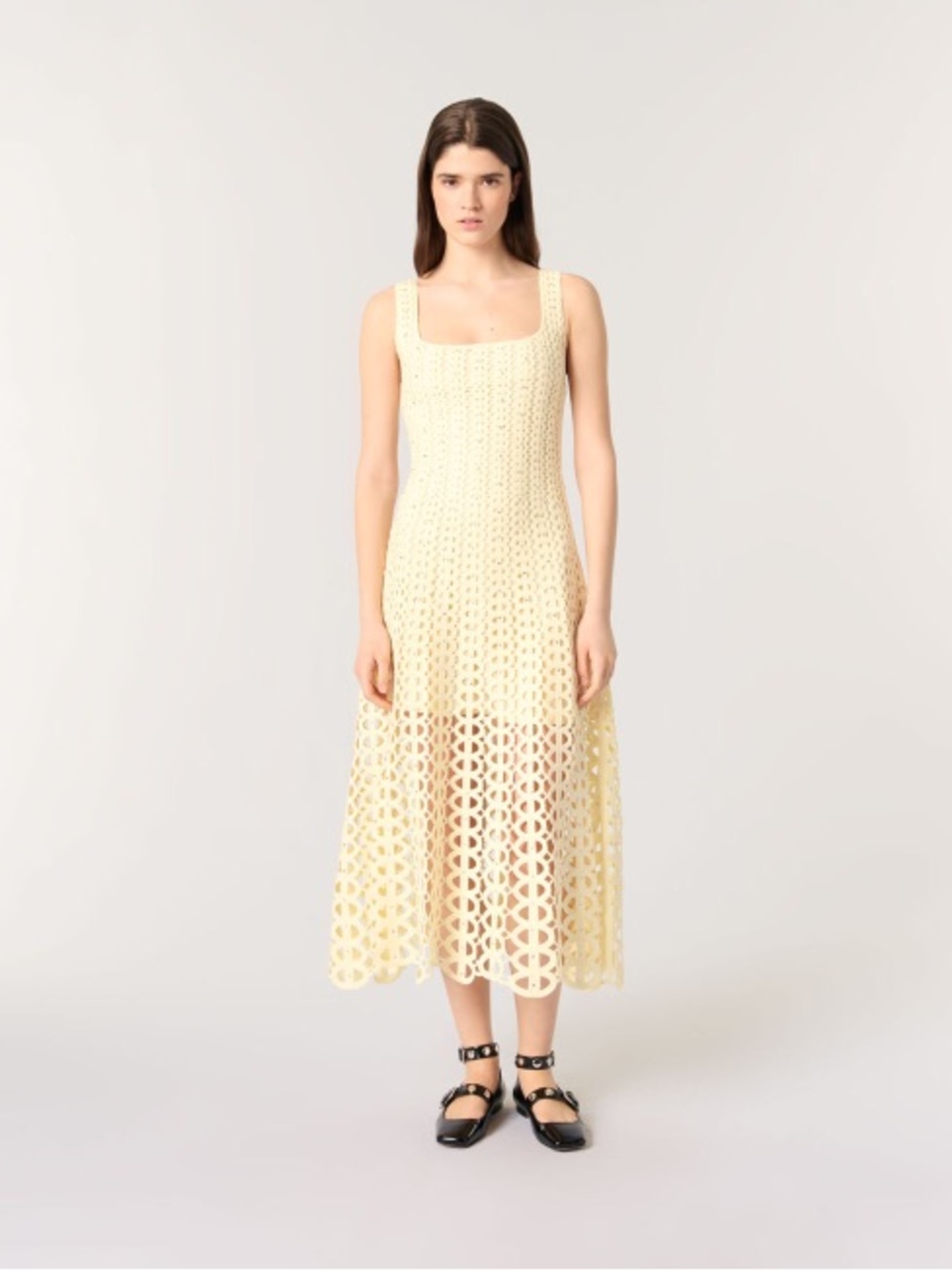 Maje Rhinestone Pale Yellow Crochet Midi Dress (NWT)